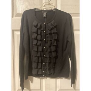 New York & Company Black Ruffle Cardigan Sweater Top Women Stylish - Sz XL